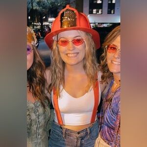 Costume Firefighter Hat, Suspenders, and Flame Glasses